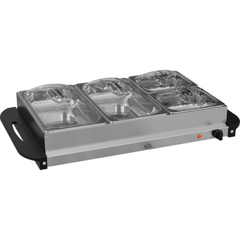Elektrischer Speisenwärmer aus Edelstahl, 300 W, Fassungsvermögen 2 x 2,4 l und 2 x 1 l, Heizplatte und einstellbare Temperatur