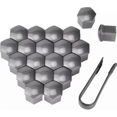 Capuchons d'écrous de roue 17 mm - Bouchons de boulons de roue - gris - Ensemble de 20 pièces comprenant un outil pince - pour écrous de voiture - capuchons d'écrou de roue en plastique universels (1/4)