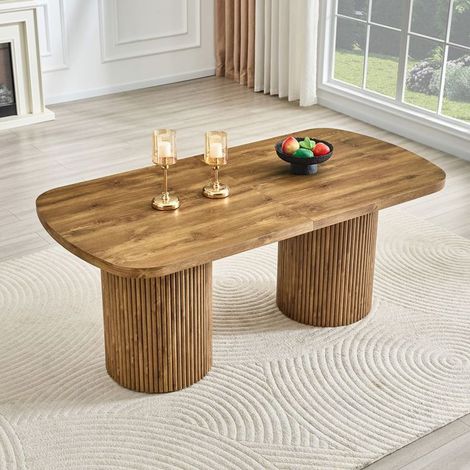 Table de Cuisine ovale socle à colonne rainurée surface MDF de qualité effet bois style Wabi-Sabi style Mid-Century (1/5)
