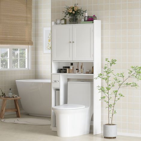 Meuble WC dessus de toilette ou machine à laver, 2 portes, 3 compartiments, porte-papier toilette, blanc, 80x19,5x170cm