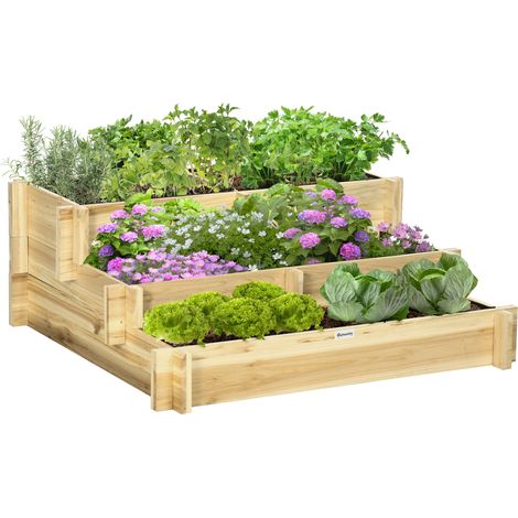 Outsunny jardinera de madera arriate de jardín de 3 niveles con diseño de escalera y tela no tejida para cultivos plantas flores 93x93x35 cm (1/5)