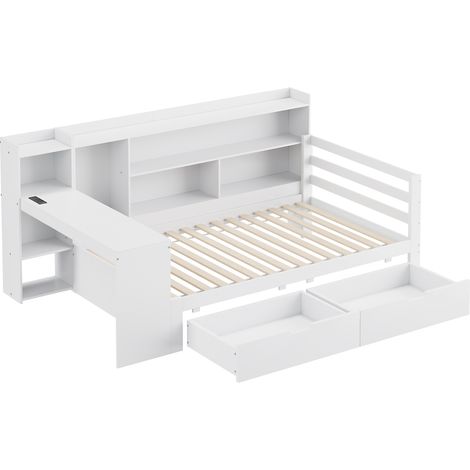 Cama multifuncional de madera 90 x 200 cm con escritorio, estantes, cajones y enchufe, blanca (1/5)