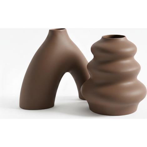 Un set moderno di 2 vasi decorativi marroni dal design minimalista.