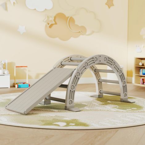 Gioco di arrampicata 4 in 1 per bambini dai 18 ai 48 mesi con arco da arrampicata, sedia a dondolo, rampa e scivolo, 164x70x57 cm, grigio e bianco