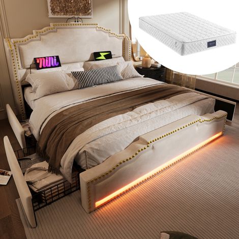 Cama doble 160x200 con cajones LED y colchón beige OKMYHOME (1/5)