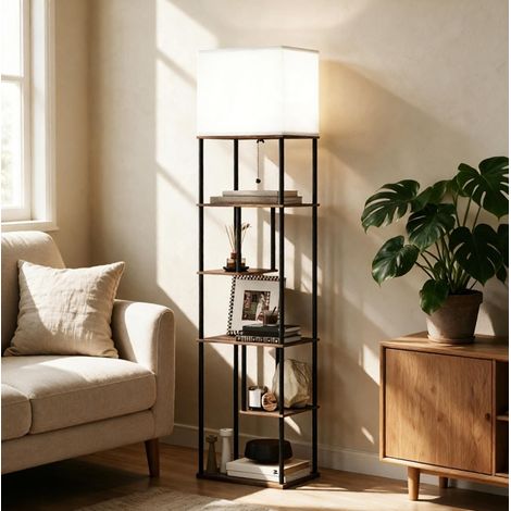 Lámpara de pie regulable con estantes, mando a distancia, 9 W, beige y negro, OKMYHOME (1/5)
