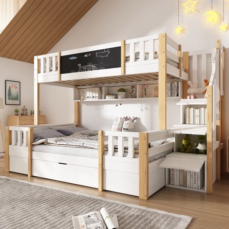 Lit Superposé Enfant 90x200 cm avec Lit Bas 140x200 cm, Échelle Rangement, Tiroirs, Lit Bois avec Barrière de Sécurité - Blanc (Sans Matelas) (1/5)
