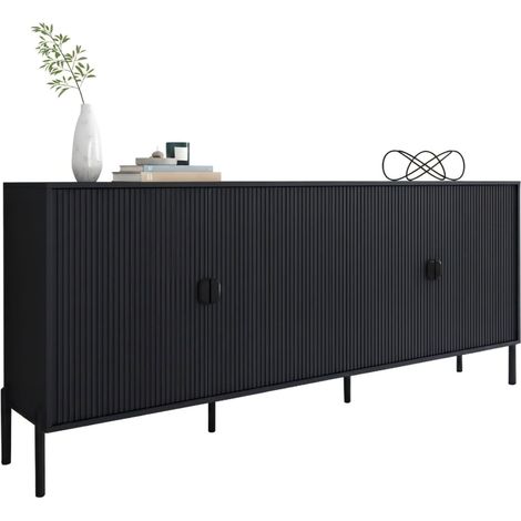 Vitrine Anrichte, Schubladen, 4 Regale, Flügeltüren, 203x49x83h cm Schwarz