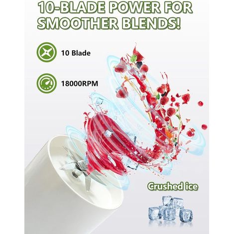Licuadora portátil, Licuadora portátil con tapa, 10 cuchillas, Se puede beber con pajita, Hielo triturable, 340 ml, Smoothies, Deportes, Fitness (1/5)