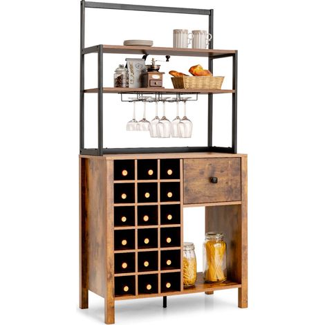 Credenza Mobile da cucina autoportante con portabottiglie e cassetto, Scaffale per pasticceria con portabicchieri Marrone (1/3)