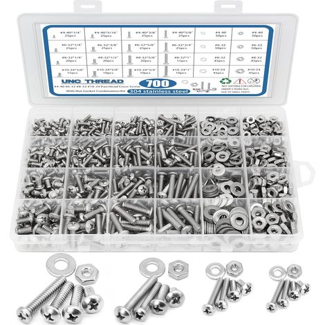 Kit assortimento di dadi e bulloni da 700 pezzi, 4-406-328-3210-24 Assortimento di bulloni a testa piatta Phillips in acciaio inossidabile, dadi, rondelle piatte, dadi e bulloni con custodia (1/5)
