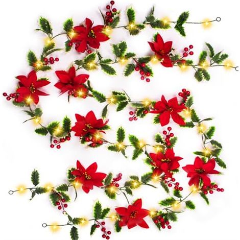 2 pièce Guirlande de Noël de 3 m avec 20 LED,alimentée par l'énergie solaire,feuilles de houx et de baies rouges artificielles pour décoration de Noël (1/5)