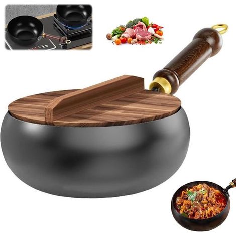 Poêle japonaise en fonte avec couvercle en bois - Poêle antiadhésive forgée à la main de style japonais - Poêle en acier inoxydable non revêtu - 24 cm (1/5)