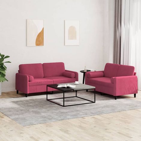 vidaXL Ensemble de canapés 2 pcs avec coussins rouge bordeaux velours (1/5)