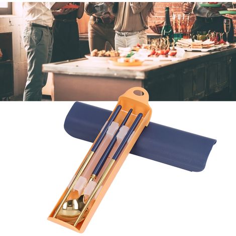 Tragbares Besteckset aus Edelstahl, Aufbewahrungsbox für Essstäbchen, Reiselöffelset, Einzelset, dunkelblau und gold. (1/5)
