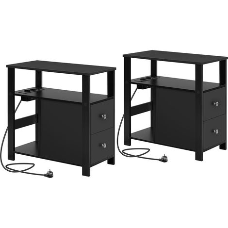 WOLTU Lot de 2 Table d'Appoint avec Prise Intégrée, 2 Tiroirs, 2 Étagères, Table de Chevet Étroite, 60x30x60 cm, Noir (1/5)