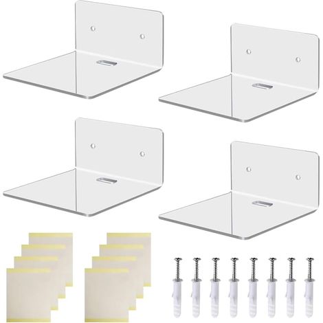 Lot de 4 petites étagères murales flottantes en acrylique transparent - Étagères murales adhésives - Petites étagères pour photos, livres, petites étagères de présentation (1/4)