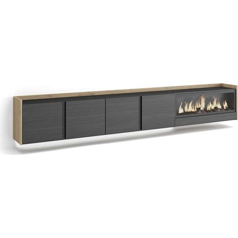Mueble TV Alozaina-02 de 315x50x35 cm con chimenea eléctrica y luces LED, suspendido, color negro y roble (1/4)