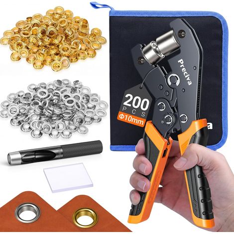 Oeillets Métalliques Kit 10mm,Kit d'Outils à œillets 10mm avec Sac, Kit de Perforation 3/8 Pouce avec 200 œillets (or et Argent), pour Tissu, Bâches,Cuir,Vinyle,Tntes,Toile (1/5)