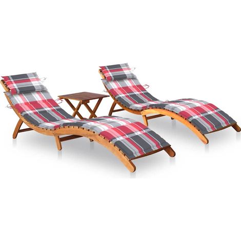 Sonnenliegen 2 Stk. mit Tisch und Auflagen Massivholz Akazie