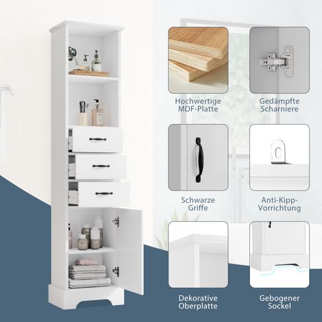 Meuble de salle de bain haut 38 x 26 x 172,5 cm, peint entièrement pour résister à l'humidité, 3 tiroirs + 2 étagères ouvertes + portes, tablettes réglables, blanc. (1/5)