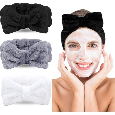Lot de 3 bandeaux, accessoire cheveux femme, matière corail, élastique, pour maquillage spa sport, noir blanc gris (1/5)