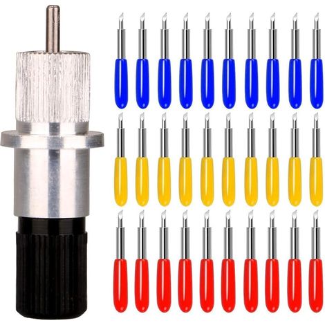 Gebildet 30pcs Lames Coupe de Traceur de Coupe de Vinyle pour Roland et la Plupart des Traceurs Nationaux et Importés avec Base de Support de Lame, 10pcs 30° Bleu/10pcs 45° Rouge/10pcs 60° Jaune (1/4)