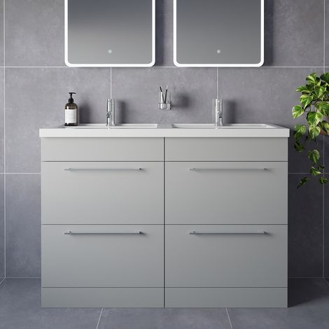 Napoli 390 Gloss Grey Pearl 1200mm 4 Drawer Vanity Unit with Double Lucia Basins - 1200mm - Chrome 320mm Handle