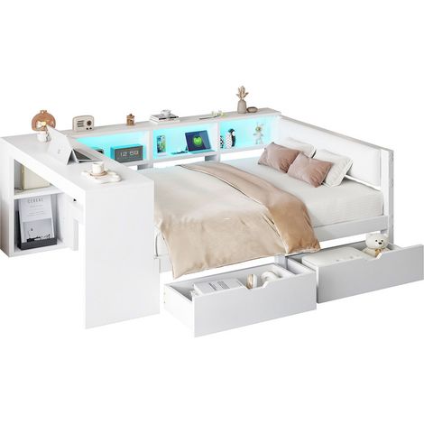 Modernluxe – Lit enfant 140x200cm avec 2 tiroirs et station de charge – Éclairage LED 7 couleurs – Construction en pin massif et MDF – Blanc (1/5)