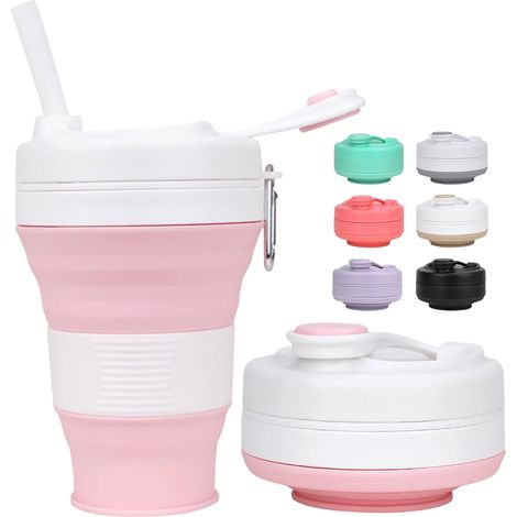 Gobelet pliable en silicone rose de 600 ml avec paille et couvercle en plastique, sans BPA, réutilisable et portable, idéal pour les activités de plein air, le camping, les pique-niques, la randonnée (1/5)