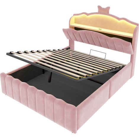 Cama infantil tapizada 140x200 cm rosa con almacenaje hidráulico, LED, USB/USB-C - MODENUIT (1/5)