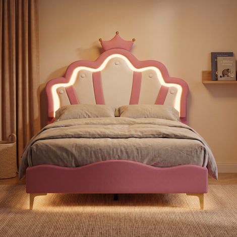 Lit simple 140x190 cm, lit capitonné enfant avec RGB LED et tête de lit couronne réglable, lit capitonné avec sommier, Rose (1/5)
