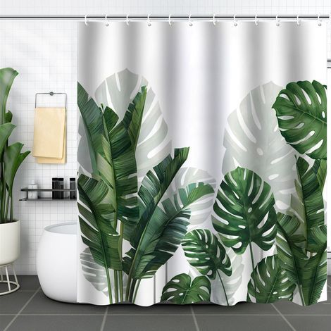 Decorative shower curtain with hooks, banana leaf and fresh palm tree pattern, 180 x 180 cm (1/5)