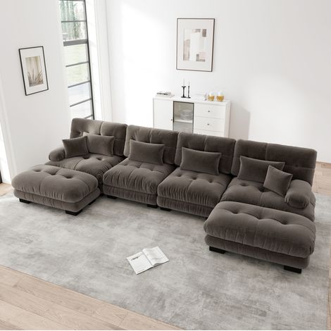 Canapé d'angle modulable en chenille marron, 4 places, avec ottoman mobile HAVRYA (1/5)