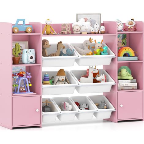 Rangement de jouets enfant rose avec 8 bacs amovibles et 6 casiers, bibliothèque et bords sécurisés pour chambre et salle de jeux (1/5)
