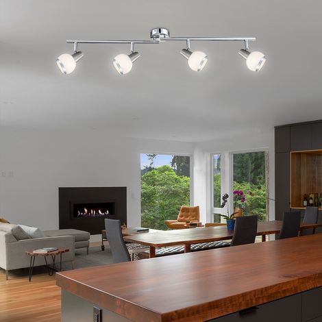 Deckenlampe Deckenleuchte Spotleuchte Wohnzimmerlampe Esszimmerleuchte, 4 Flammig Spots beweglich, Chrom Glas Nickel matt, LED 4x 3W 4x 300Lm warmweiß, LxH 80x15cm