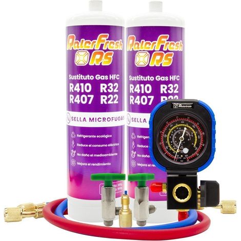 Pack 2 botellas gas refrigerante RALERFRESH RS con manómetro, mangueras, llave y adaptador (1/5)
