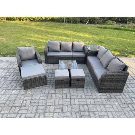 Fimous 10 places Salon de jardin exterieur avec Canapés Table basse carrée Chaise inclinable 3 Tabourets Table d'appoint Gris foncé mixte (1/5)