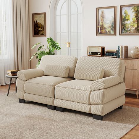 Confort et gain de place : canapé modulable 2 places velours côtelé beige, assise profonde et coussin lombaire (1/5)