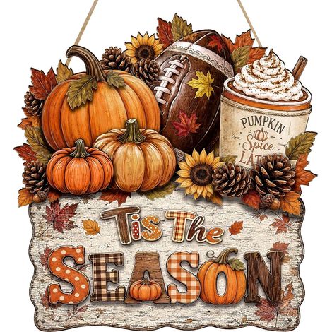 Panneau Suspendu d'Automne en Bois Décoration Porte Citrouille Tis the Season 27x26,4 cm - 1 Pièce (1/5)
