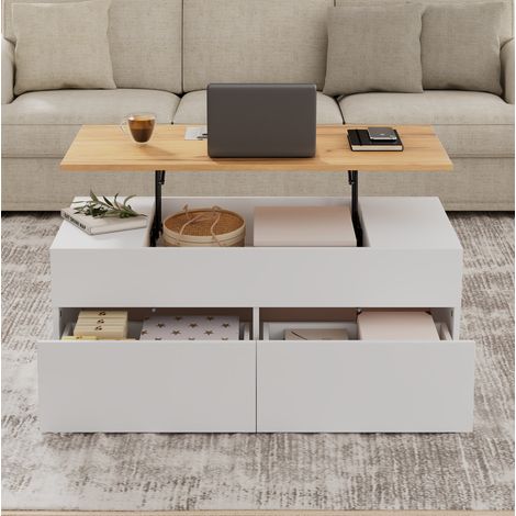 Mesa de centro elevable 100x50x40 cm blanca y color madera en aglomerado con 2 cajones y almacenaje oculto (1/5)