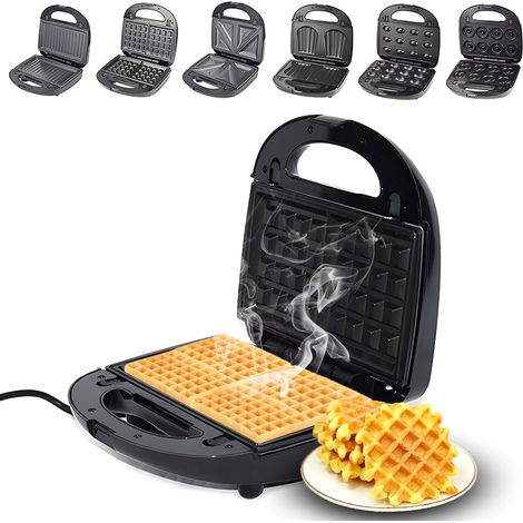 Plancha para sándwiches y gofres 6 en 1 con placas antiadherentes extraíbles, 750 W, color negro, acero inoxidable, 22,5 x 22 x 10,5 cm, doble calentamiento (1/5)