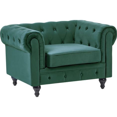 Sillón tapizado en terciopelo verde patas de madera oscura estilo contemporáneo Chesterfield