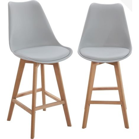 Ensemble de 2 chaises de bar scandinaves, assise large et confortable avec coussin intégré en similicuir, hauteur d'assise 70 cm, pieds en bois de hêtre Tika (blanc) (1/5)