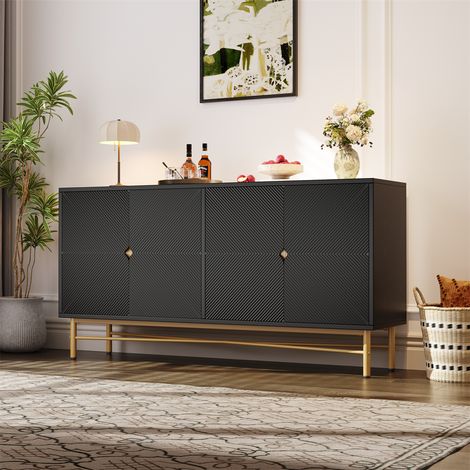 Buffet Sideboard à Textures Relief - 160x40x82 cm - Commode L 4 Portes avec Soft-Close et Pieds Or Haute Brillance - Noir (1/5)
