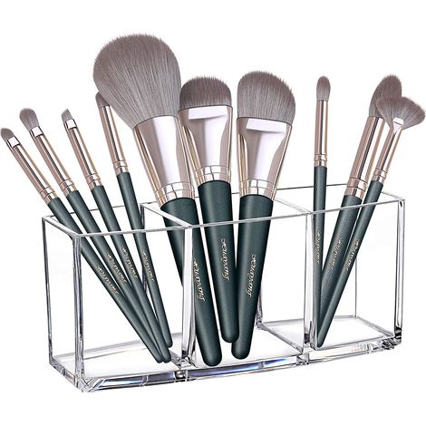 Organizador De Brochas De Maquillaje - Acrílico Transparente - 3 Ranuras - 18,3 X 7,1 X 8,1 Cm - Para Brochas Y Lápices De Ojos (1/5)