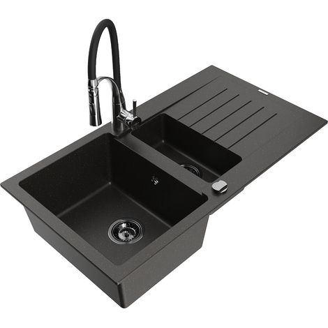 Mexen Matias fregadero de granito de 1,5 senos con escurridor y grifo de cocina Aster, negro/oro metálico - 6502-75-73450-07-B (1/5)