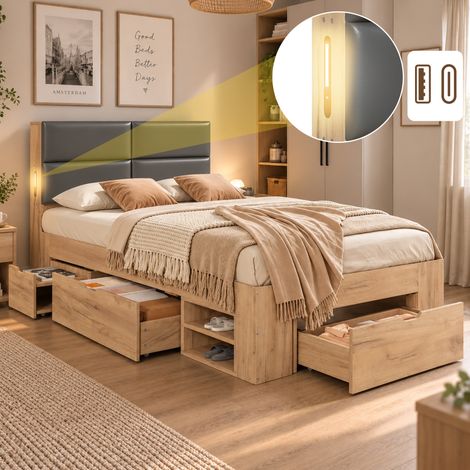 Lit simple, lit enfant, lit coffre, lit en bois, lit junior, lit multifonctionnel, 90 x 200 cm, avec port USB, tiroirs, grand espace de rangement et tête de lit rembourrée en polyuréthane, sans matela (1/5)