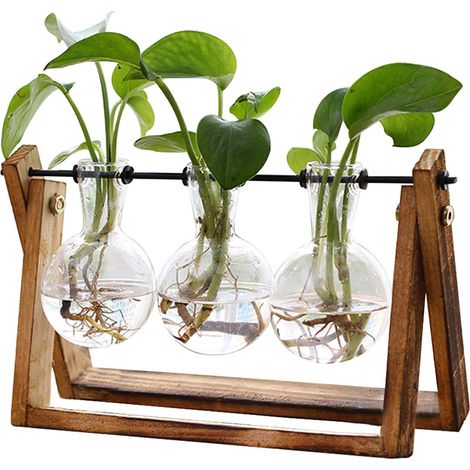 Blumentopf mit Holzständer, hydroponische Anzucht, kugelförmige Glasvase, drehbarer Metallständer, Vintage-Stil, für die Dekoration von Zuhause, Garten oder Büro - 3 kugelförmige Vasen
