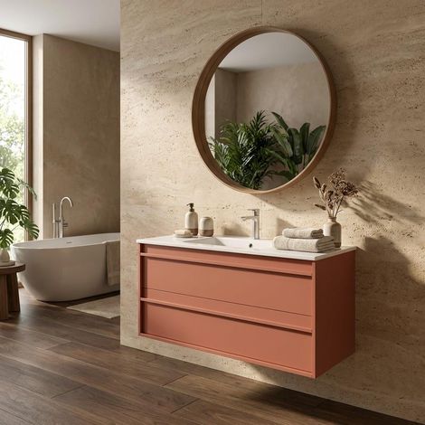 Meuble de salle de bain suspendu 100 cm avec lavabo en céramique et 2 tiroirs rouge satiné – Urban (1/5)